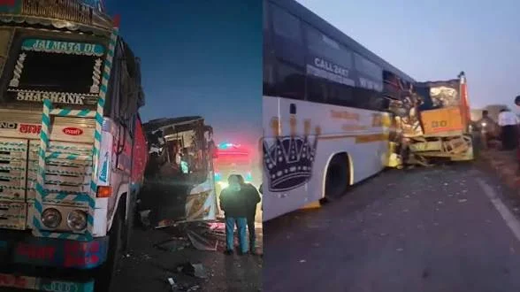 खड़े ट्रक से भिड़ी यात्री बस, मचा हड़कंप